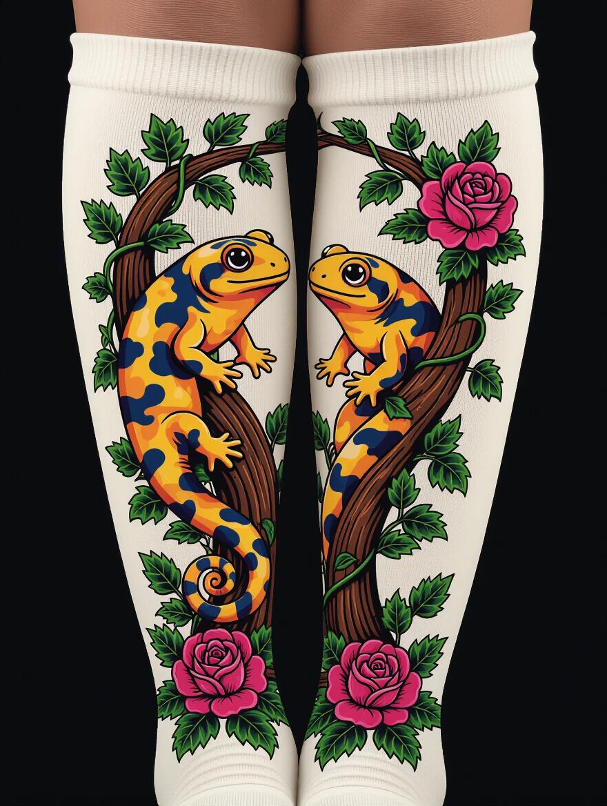 Close-up photograph of thigh-high socks featuring two adorable salamanders. Salamanders are curled around a tree with vibrant leaves and roses. Image is rich in dark colors and has a professional appearance. Background is black to enhance the sock design.