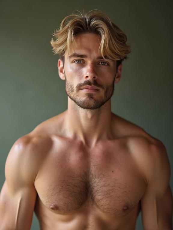 Photograph of a male model with thick light blonde chest hair. Strong jawline and well-defined muscles. Soft natural lighting. Close-up portrait.