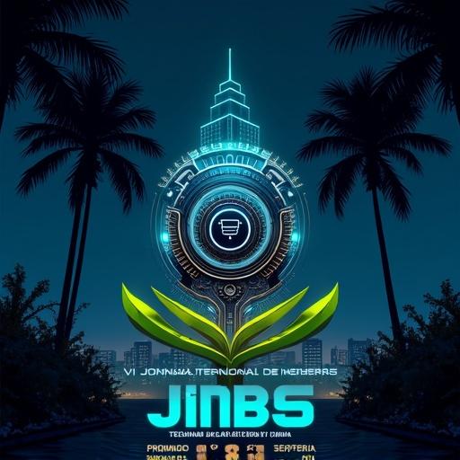 Futuristic minimalist poster for an engineering conference. Night sky of Santiago de Cuba. Neon-lit palm trees. Central metallic gears and hybrid circuit transform into green leaves. Text is in Spanish. VI JORNADA INTERNACIONAL DE INGENIERAS JIMEI 2025 in electric blue and gold. Subtitle: Promoviendo la tecnología e innovación en la ingeniería. Dates: 18-21 de septiembre de 2025. Cyberpunk vibes, tropical accents, high contrast.