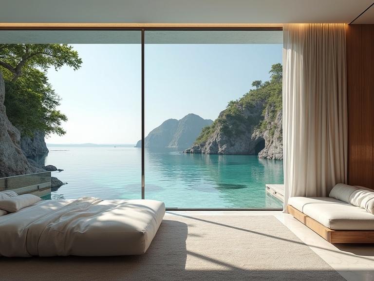 Ultra-realistic depiction of a futuristic hotel room with stunning ocean views. Spacious white bedroom features a large glass window, showcasing cliffs and calm water. Stylish furniture complements a tranquil atmosphere.