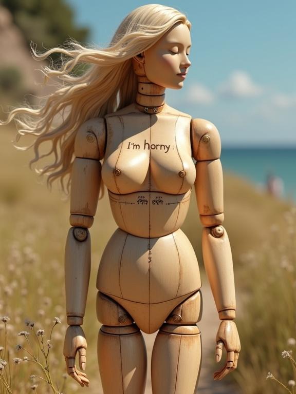 Highly detailed CGI representation of a wooden female body. Sunlit background with a focus on the mannequin's inscription. Evokes a sense of playful provocation.