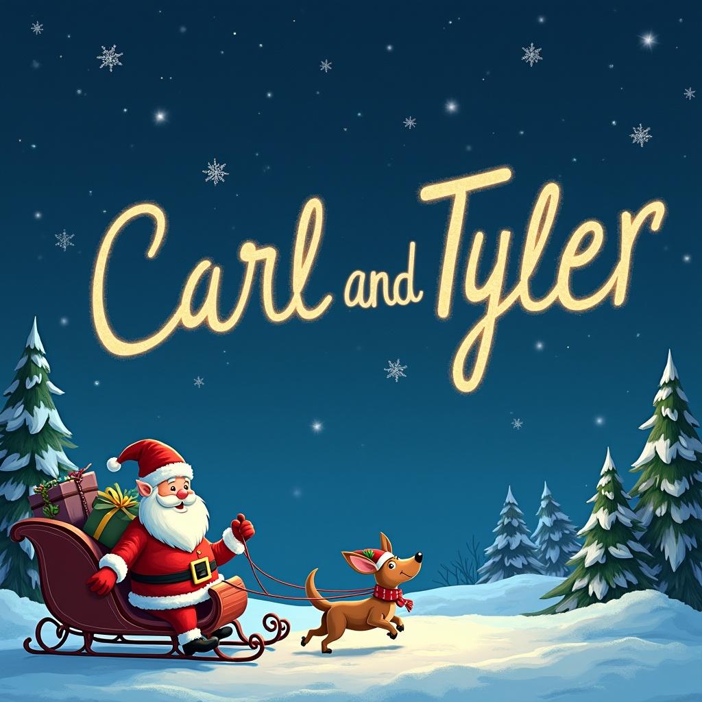 Santa Claus in a sleigh flying across a starry night sky. A corgi dog runs in front of him. The names 'Carl and Tyler' are written in the air.