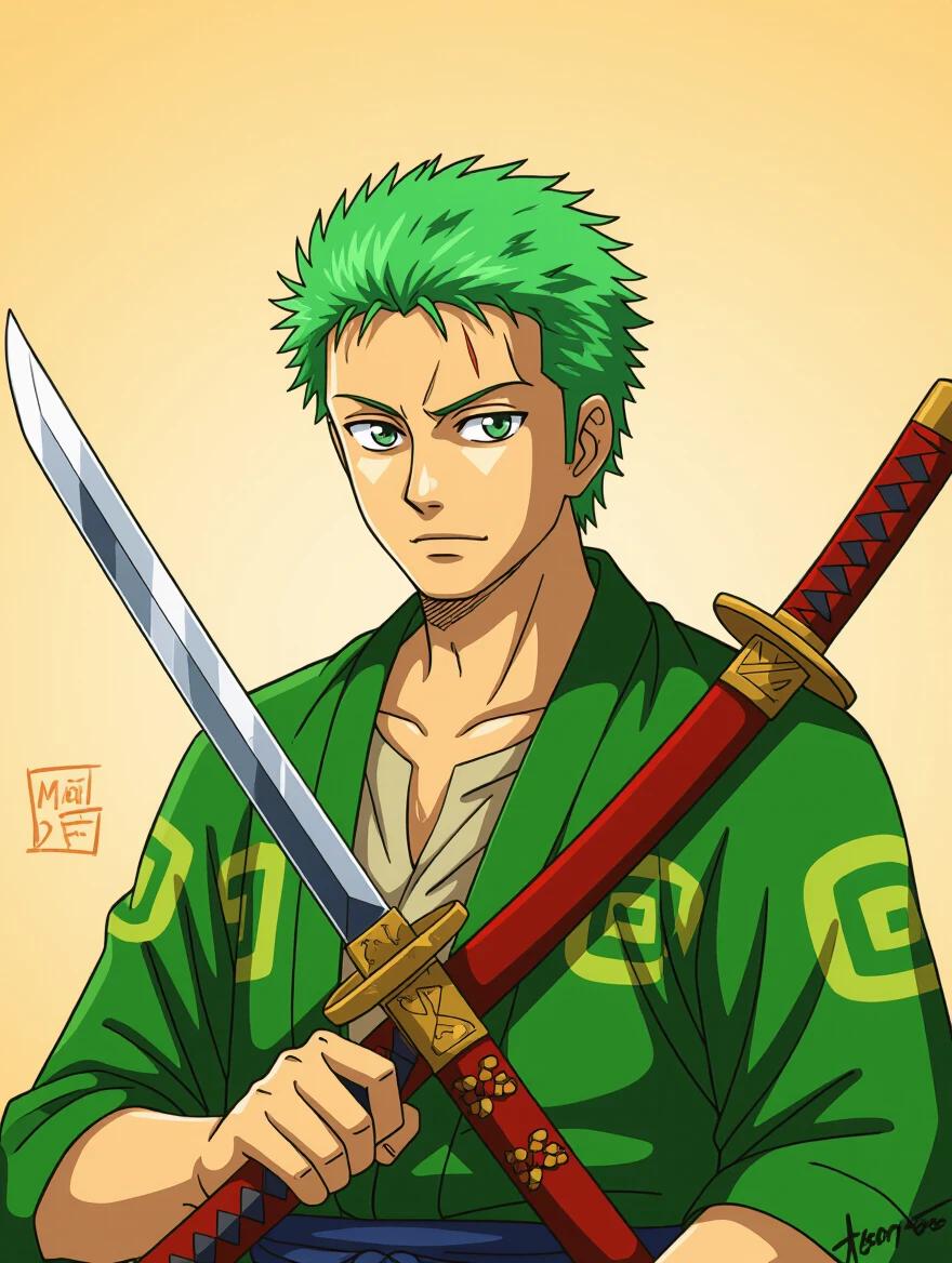 Generate an illustration of a green-haired swordsman. The character holds two swords in an impressive pose. The background is a soft yellow gradient. The character wears a green outfit with a distinct pattern.