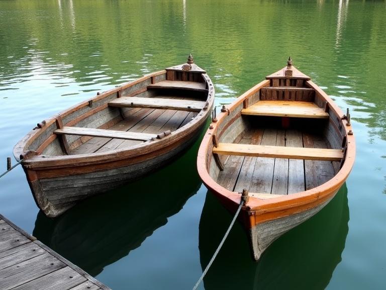 Photograph shows two wooden rowboats moored at a calm lake. One boat is on the left and one is on the right. Both boats have worn and weathered wood with orange trim. They are tied to a wooden dock on the left side. The water is clear and greenish with gentle ripples. Soft sunlight creates a tranquil atmosphere. Green tree reflections are visible in the water. Scene is serene and peaceful with no people. Daytime natural light enhances the realistic style. The boats are slightly tilted. The dock extends from the bottom left. Water reflects boats and trees creating gentle colors. Overall it is a relaxed mood.