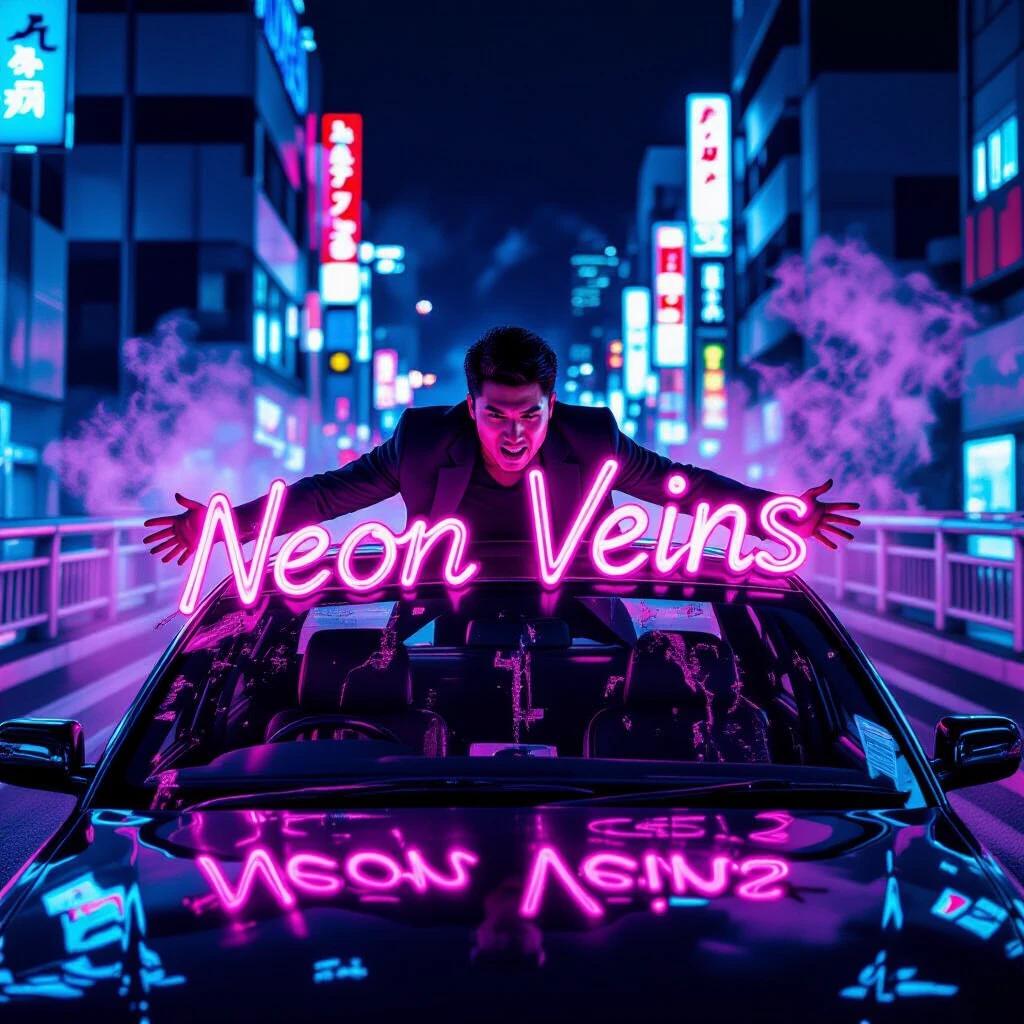 Neon pink chrome lettering saying Neon Veins. A man is in action through a taxi windshield on a bright Tokyo bridge. The scene is filled with harsh cyan and purple lighting with dense smoke.