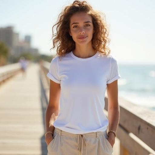 Photo-realistic fashion shoot image of young woman with light brown curly hair. She stands near beach boardwalk. Ocean visible behind her. Wearing form-fitting white t-shirt and light beige linen shorts. Simple bracelet on one wrist. T-shirt shown fully from the front. Relaxed, sunlit expression.