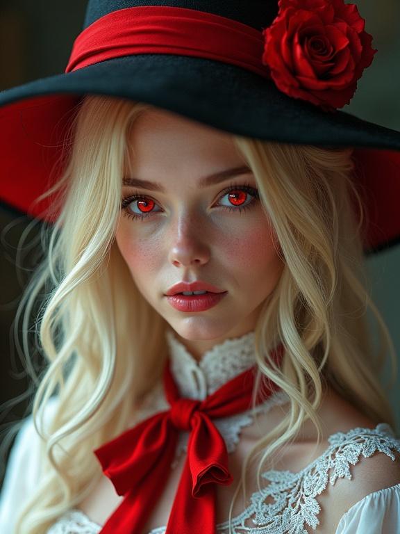 A 3D-rendered portrait of a blonde-haired witch with bright-red eyes. She wears a detailed white dress with red accents and a black waitress-cap. The image is highly detailed and cinematic, inspired by fantasy concept art.