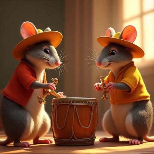 3D animated illustration of anthropomorphic mice musicians playing typical Zulian gaita instruments with realistic movements. Mice wear yellow hats, light brown shirts, green scarves. First and second mice joyfully play the drum, third moves hands on the instrument, fourth shows animated expression while drumming. Warm studio background with soft lighting. Scene features dynamic motion, facial expressions engaged with music. Pixar animation style.