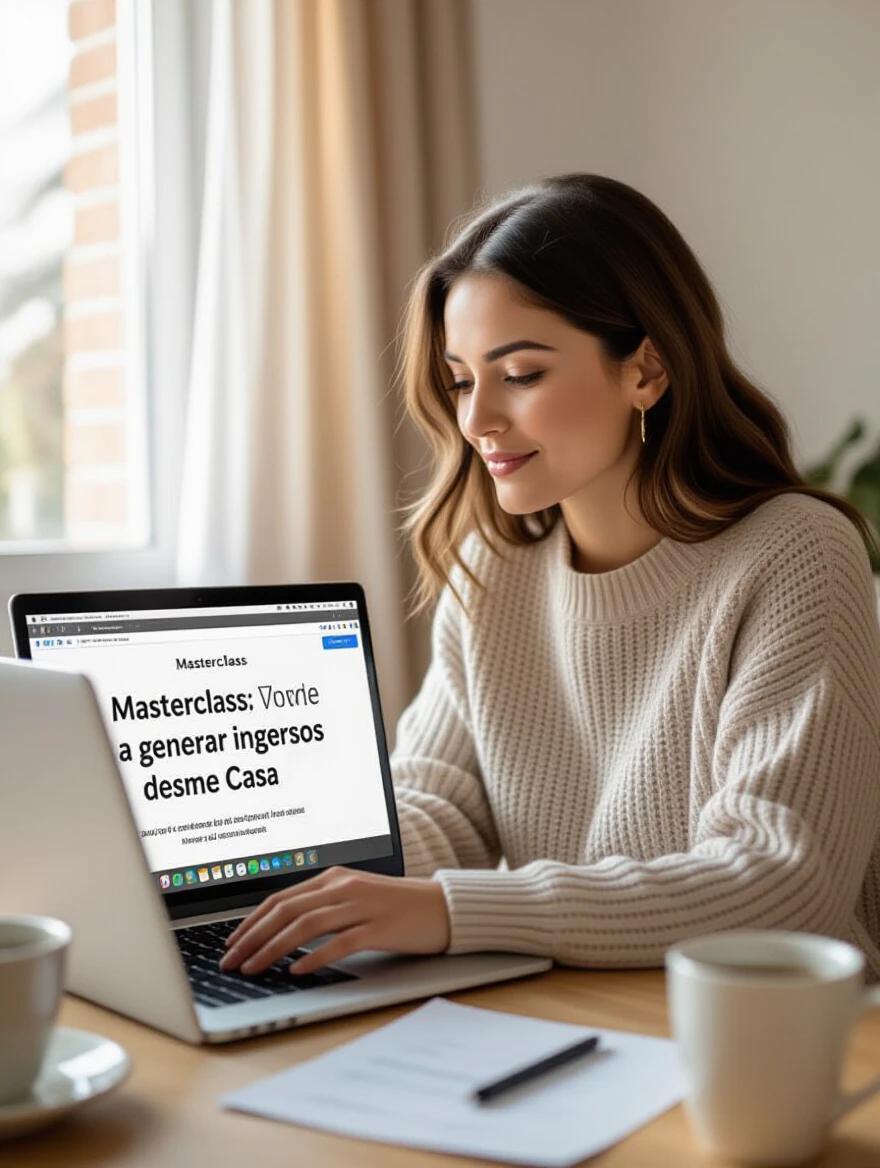 A Latin American woman sits at home in a casual sweater. She engages with a laptop displaying a Masterclass headline. The environment features coffee and notes. Morning light enters softly through a window. Focus on the laptop and her expression.