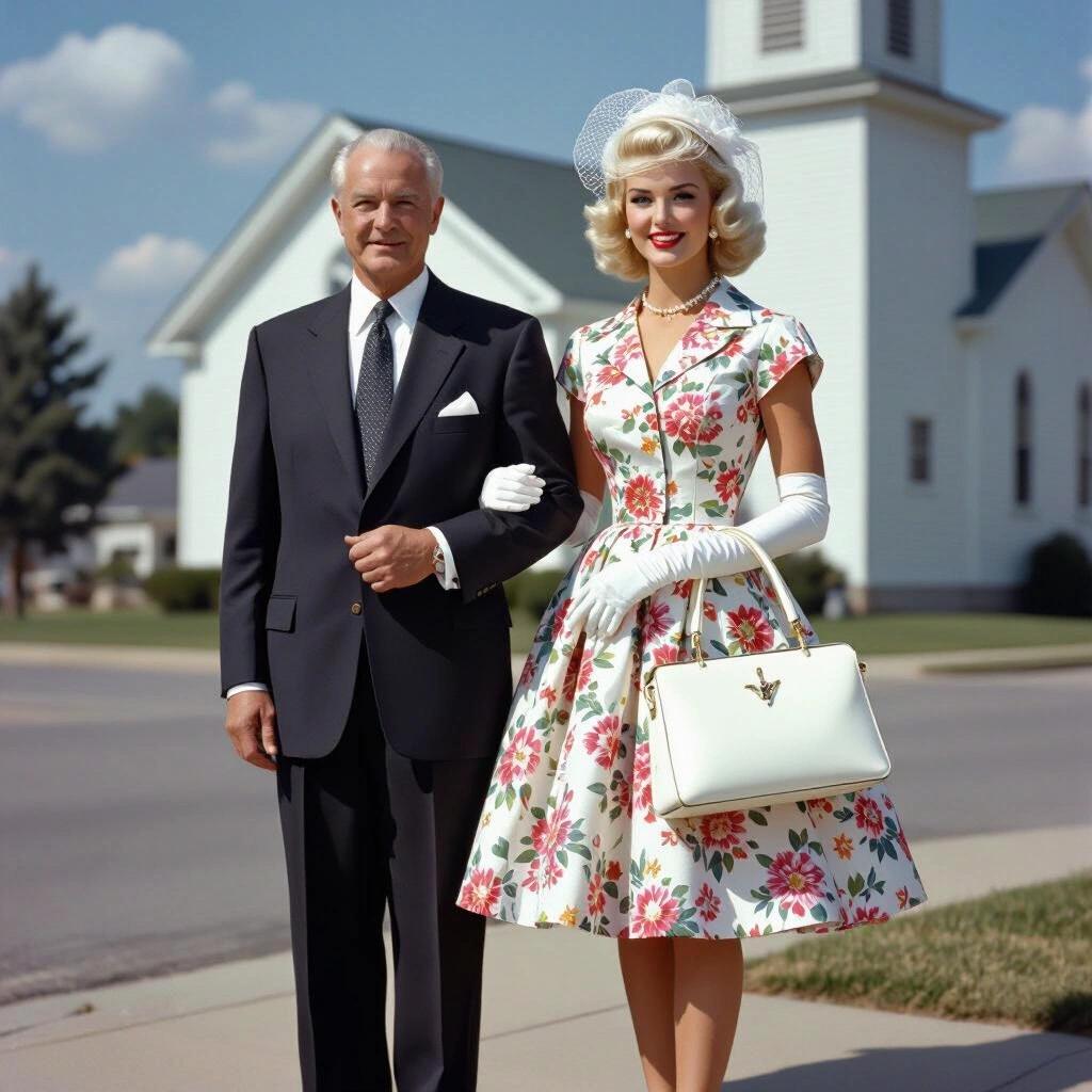 1950s era image featuring a beautiful woman with platinum blonde hair wearing a floral church dress. She holds a white shiny purse, wears a pearl necklace, white gloves, and a small hat with a veil. She stands in front of a small town church holding the arm of an older man.