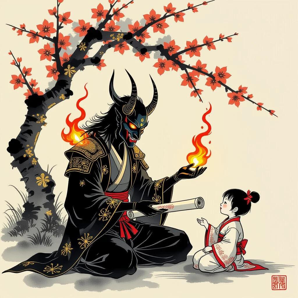 Demon-like creature with horned mask sits in seiza under a plum tree. Fire curls from its back while offering a scroll to a child. Character details include long black limbs. The scene has gold leaf accents and captures traditional Japanese ink painting artistry with a focus on negative space.