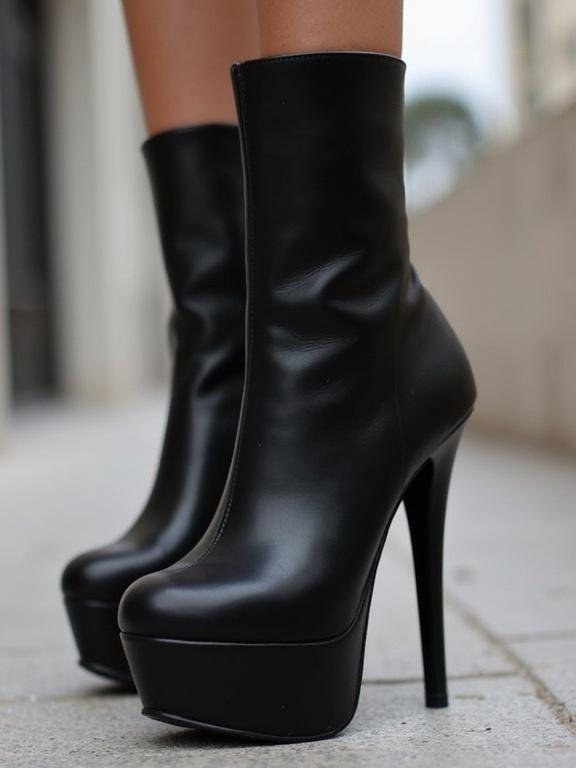 Black high heels with platform design. Stylish and elegant. Photographed outdoors. Sleek and modern appearance.
