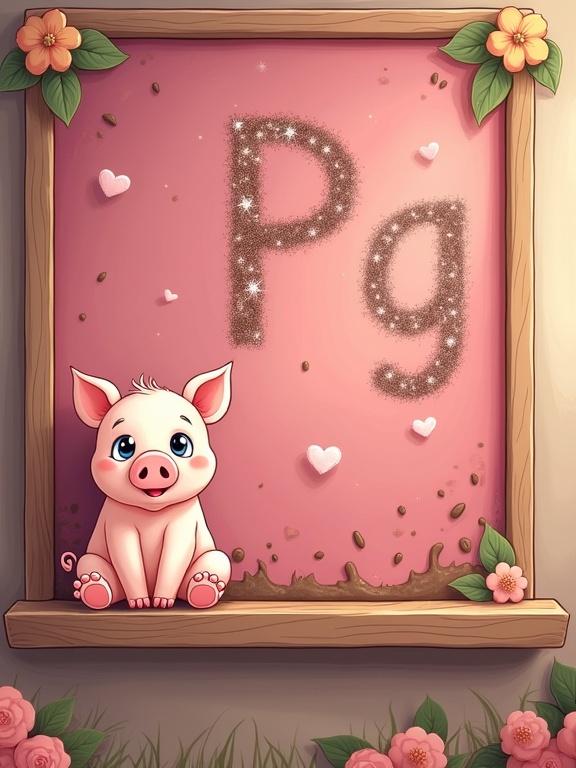 Adorable cartoon illustration features a pink chalkboard with playful letter P in curly brown chalk. Chubby little pig sits on the ledge with rosy cheeks. Fun details include chalk-drawn mud splashes, floating hearts, and wooden frame with flowers. Soft pastel colors and warm lighting create a farmyard classroom vibe.
