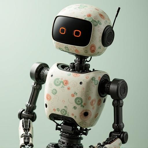 A small robot with a floral pattern and glowing orange eyes. The robot has a retro-futuristic design. It is positioned against a light green background. The robot's joints and features are visible. The emphasis is on its friendly appearance.