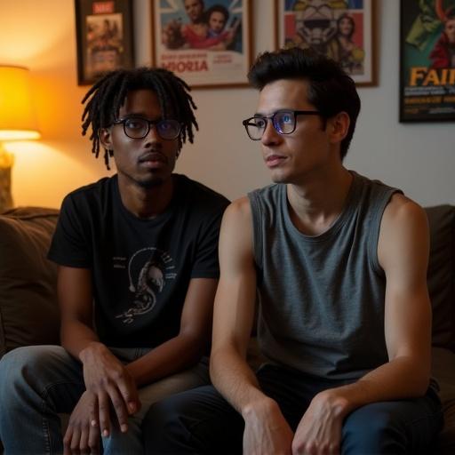 Two young males sitting on a couch. One wears a Cobra Kai T-shirt. The other wears a black tank top. Room decorated with movie posters. Warm lighting creates a cozy atmosphere.