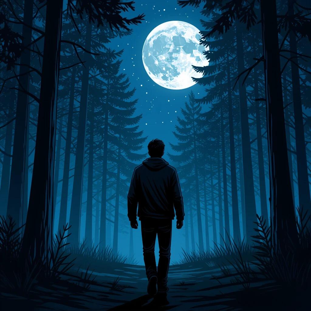 A man walks through a dark pine forest under a full moon. He appears scared after hearing a scream. The atmosphere is mysterious and tense. The scene is created in comic book style with a focus on the moon and tall trees.