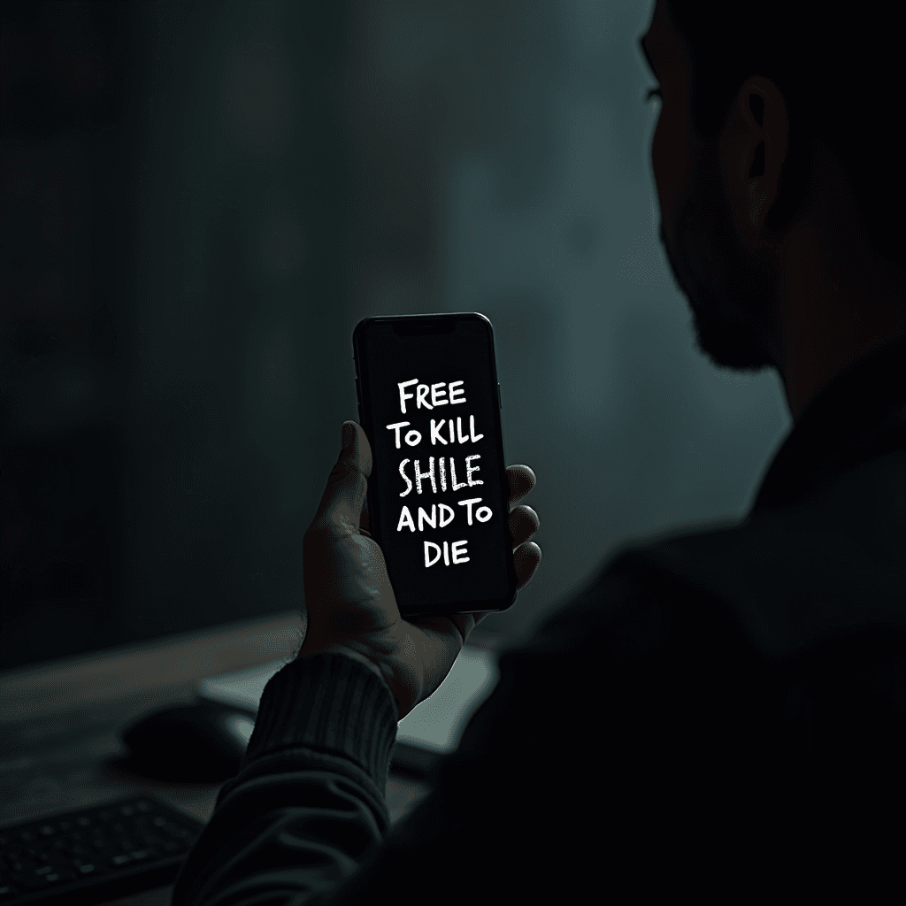 A person is holding a phone displaying the text 'FREE TO KILL SHILE AND TO DIE' in a dimly lit room.