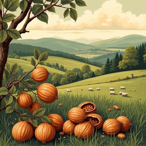 Detailed illustration in woodcut style showing hazelnuts in foreground with branches and leaves. Open shells reveal nuts. Rolling hills and sheep grazing in the background. Earthy colors enhance rustic appeal. Light and texture emphasize peaceful landscape. Evokes nostalgia of a traditional farmstead.