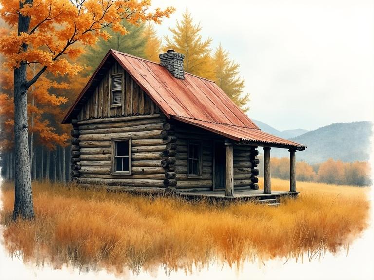 Watercolor painting of rustic log cabin in autumn forest. Log cabin has weathered wood, rusty metal roof, and stone chimney. Features warm autumn colors. Detailed textures and aged character. Scene captures quiet atmosphere with gentle natural light.