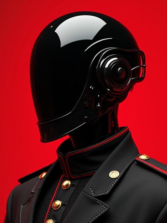 Digital illustration features a dark regal cybernetic male figure on a crimson background. Jet-black helmet-like head with a glossy surface and cybernetic engravings. Mechanical joints and cables at the neck. Wears a high-collared military coat with gold buttons and dark crimson shoulder armor. Inner shirt has a pattern of blacks and reds. Lighting highlights the glossy helmet and rich fabric. Style influenced by Simon Stålenhag and Beeple. Created using advanced 3D modeling with cinematic post-processing.