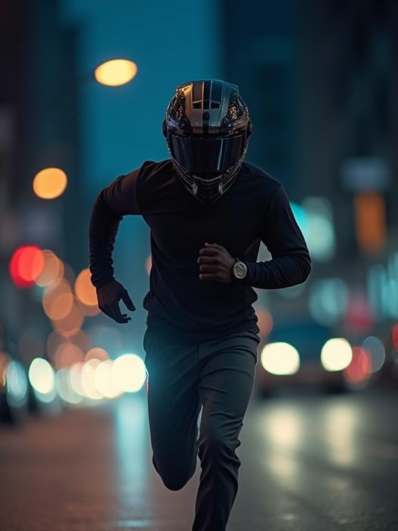A man wearing a helmet is running in a city at night. The scene is illuminated by city lights. The focus is on the runner in motion.