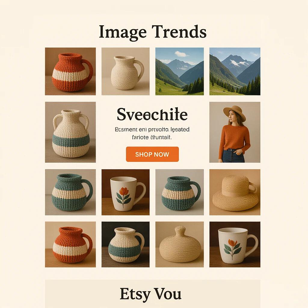 Trends in Etsy featuring handmade pottery and ceramic items. Soft colors and modern styles represented. Various pitchers and vases arranged in a grid layout. Clean, minimal aesthetic with natural lighting.