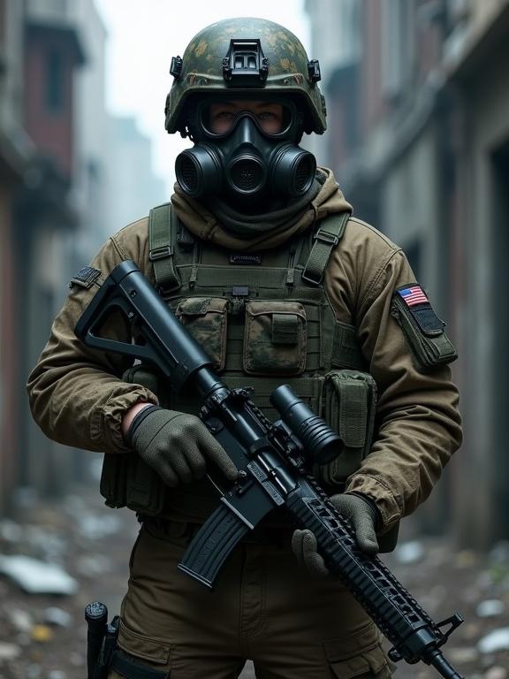 Photograph showcasing a male soldier in tactical gear set against an urban decay backdrop. The soldier wears a camouflage uniform, a helmet with a visor, and a gas mask covering the face except for the eyes. He stands confidently with an assault rifle, displaying military equipment and rugged features. The environment consists of ruined buildings and debris, complemented by a dark and moody atmosphere to emphasize a gritty urban warfare theme.