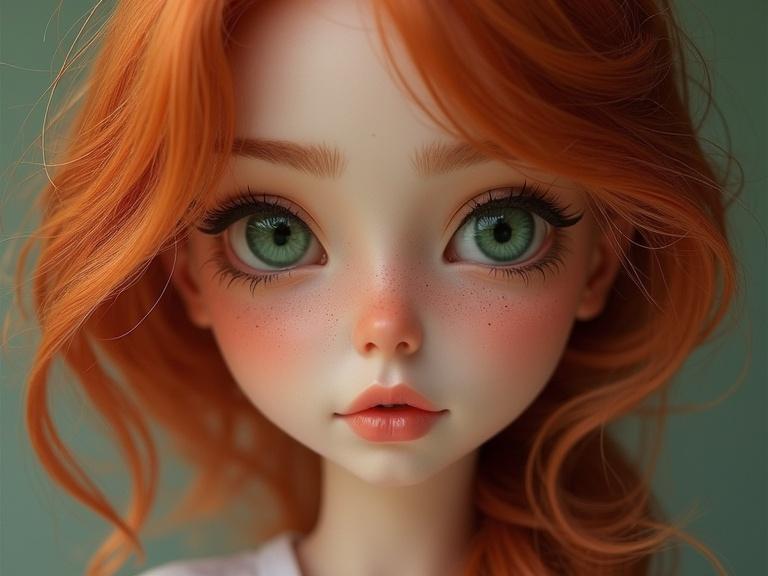 Hyper-realistic doll with striking green eyes. Red hair styled with loose waves. Facial features include freckles. Heightened beauty portrayed.