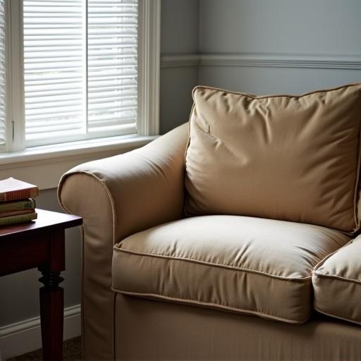 A photo shows a light brown worn two-seater sofa against a gray wall near a window. The cushions sag in the middle with wrinkled fabric and a tear on the left cushion. Next to the sofa is a dark brown side table with stacked books. Soft light comes through partly closed blinds, casting shadows and highlighting the sofa's texture.