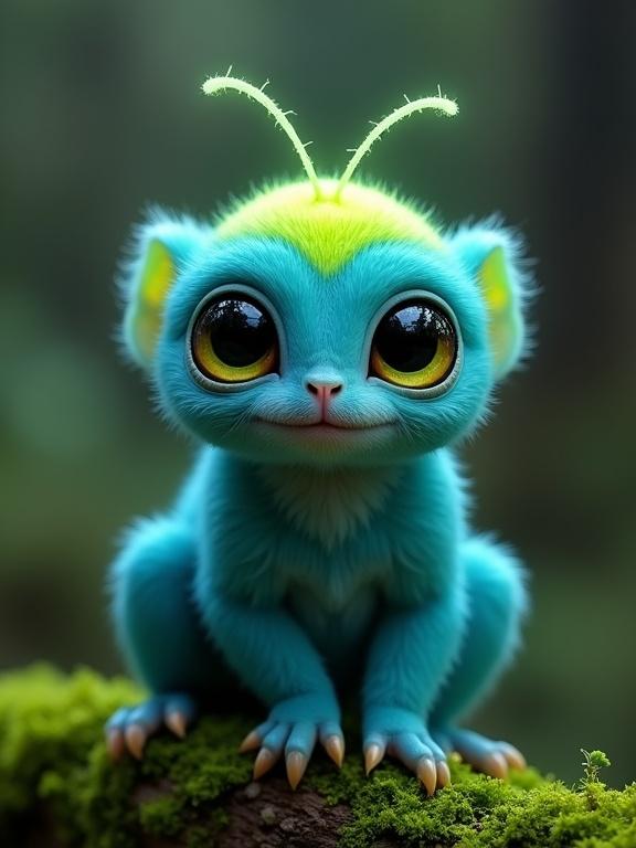 This image features a cute alien-like creature perched on moss. It has electric blue fur, lime green highlights, and large glossy eyes. The setting is a blurred, dark forest with soft lighting, enhancing its whimsical appearance.