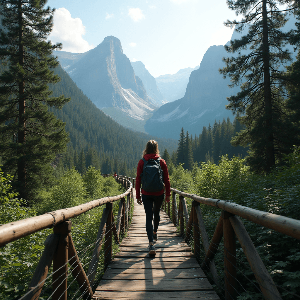 A person walks on a wooden path through a dense forest with towering mountains in the background.