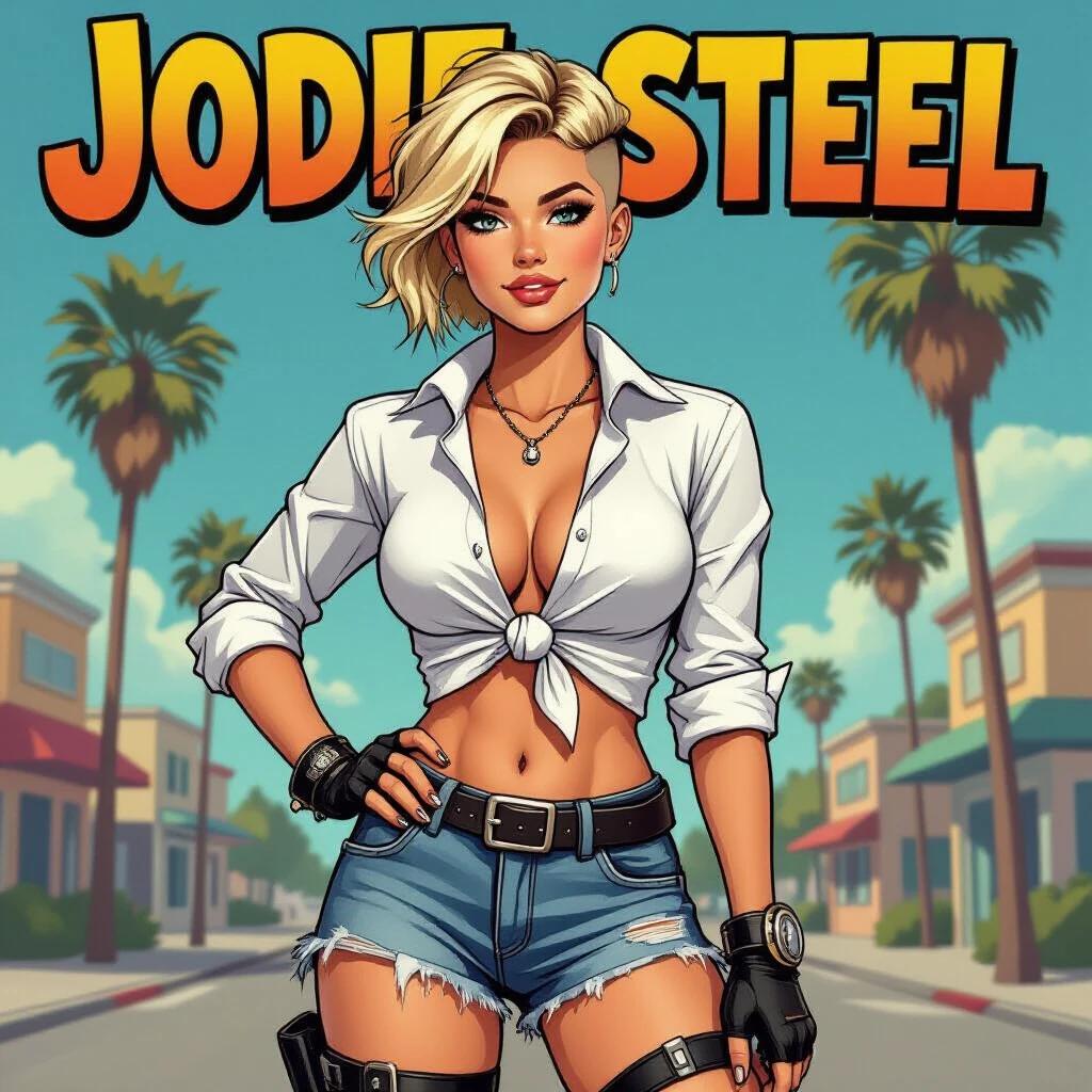 Comic strip style image with strong lines and photorealistic colors. Shows young confident blonde woman named Jodie Steel. She wears a knotted white shirt with rolled sleeves. Featured in ripped denim shorts and black boots. Styled hair with a punk look. Side view posing confidently.