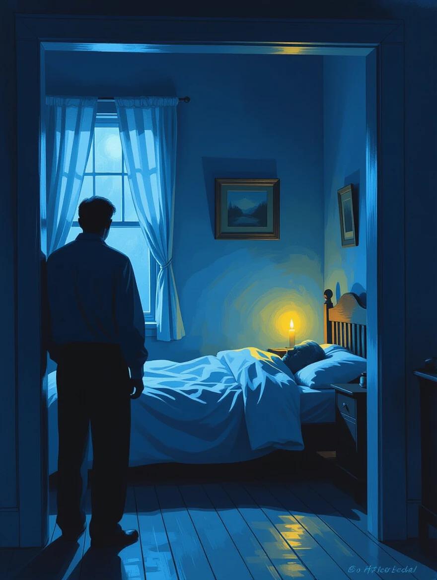 Dim bedroom at night with a sleeping old man under wrinkled sheets. A narrator stands in partial shadow at the edge of an open door. The room has a faint blue glow and soft yellow candlelight. Shadows create calm with hints of tension.