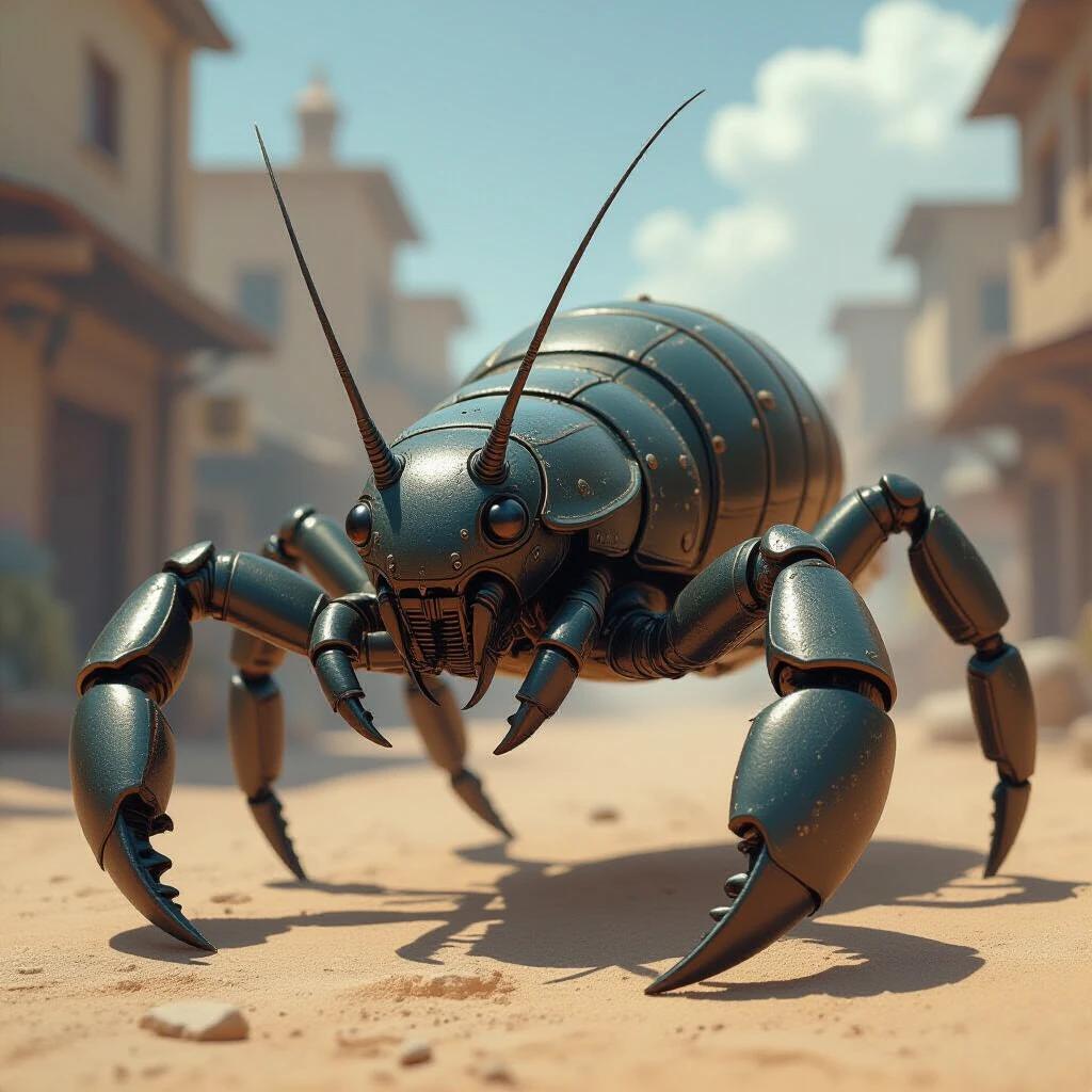 A robotic scorpion with dieselpunk and steampunk elements. Features include a head inspired by Pacific titans. The jaw has two sharp antennae. The setting is a dusty desert street with buildings.
