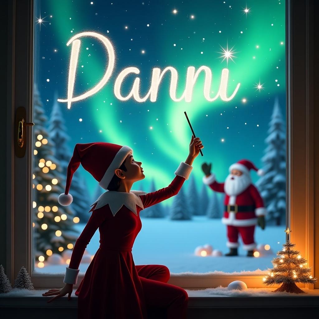 Female elf on the shelf faces the sky with a wand. Magical Christmas background features northern lights. Santa is present. Name Danni is elegantly written in the sky.