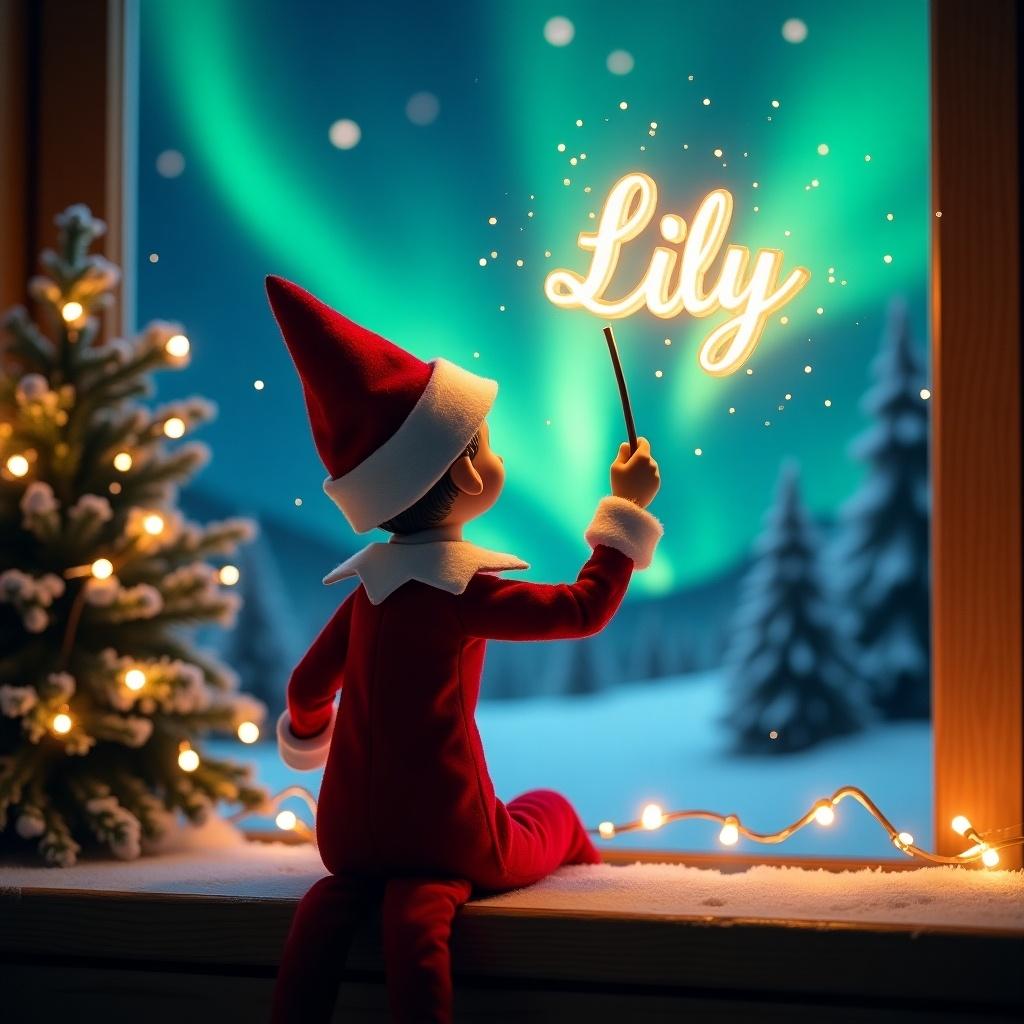 An enchanting Christmas scene featuring an elf on the shelf. The elf is dressed in a classic red and white outfit and is facing a vibrant sky filled with northern lights. Holding a magic wand, the elf writes 'Lily' in a glowing script above him. The atmosphere is festive, radiating the joyful spirit of the holiday season. Soft lights from a nearby tree enhance the magical ambiance, while the snowy surroundings add to the winter charm.