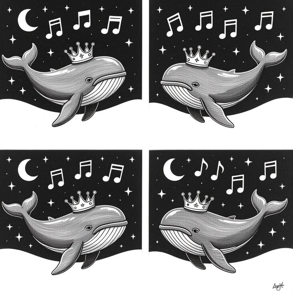 Four black and white panels show whales with crowns. Whales swim in a night sky. Music notes replace stars in the background. Illustrations are done in pencil. Each whale appears in a separate panel.