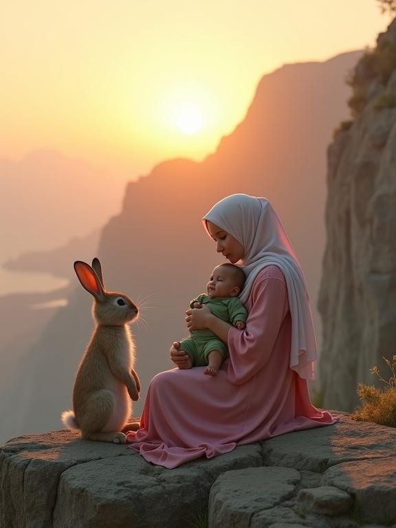 Touching emotional fantasy scene on a mountain cliff at sunset. Human-sized rabbit stands nearby. Mother in traditional outfit holds baby in her arms. Background features cliffs and glowing sunlight. Full of warmth and kindness.