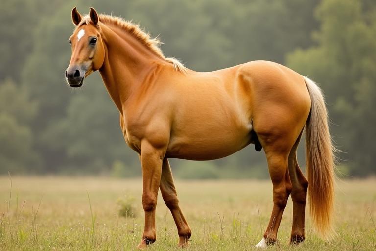 Light yellow dun horse with reddish-brown fur. Horse shows darker stripe along the back and darker legs. Horse stands gracefully in a grassy area.
