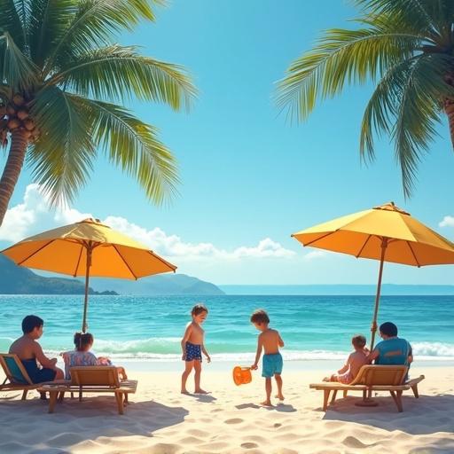 Children playing on the beach. Dark blue and gold color umbrellas. Children's toys visible. Beach palm trees in background. Ocean waves gently crashing.