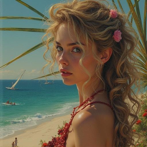 Model with curly hair wearing a dress at the beach. Flowers in hair. Ocean and sailboats in the background. Sunlight and palm trees.