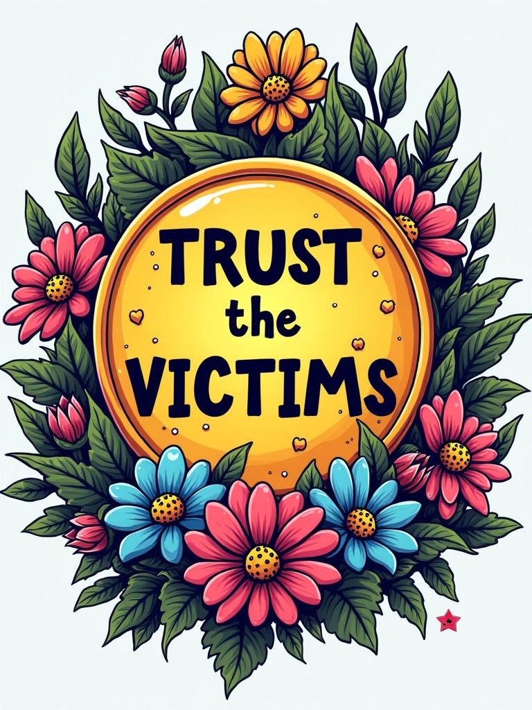 Humorous illustration focused on cryptocurrency. 'TRUST the VICTIMS' phrase in a circular emblem. Surrounded by flowers and cartoon elements. Emphasizes humor in cryptocurrency culture.