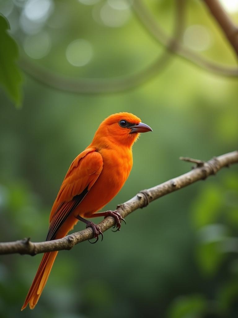 A vibrant orange bird perched on a branch in a forested background. The scene captures tranquility and the beauty of nature.