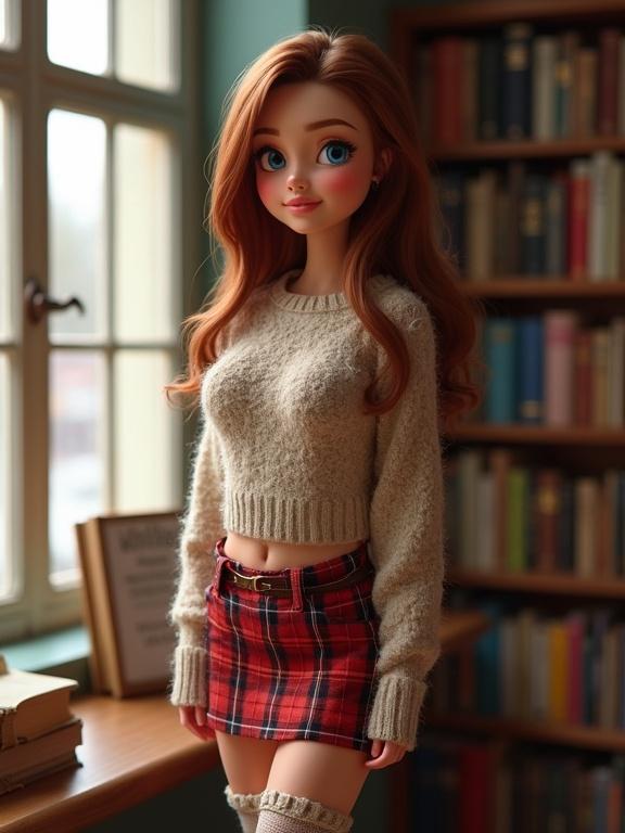 A stylized character with blue eyes stands beside a library window. Character wears a cozy sweater and a mini plaid skirt. She has long hair and a confident expression with a blush. Socks are prominently featured. Her lips are full and warm emotion is conveyed.