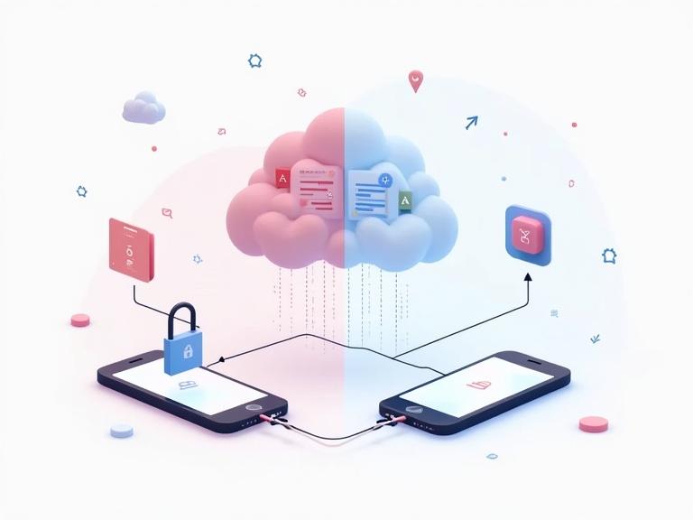 Modern illustration of smartphones connected to local and cloud storage. One phone shows a secure folder with a padlock. Other phone connects to a cloud filled with data icons. Soft pink and blue colors used. Includes data transfer arrows and subtle app visuals.