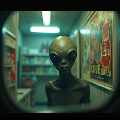 Realistic security camera footage of an alien in a convenience store. Alien has glowing eyes and elongated head. Dimly lit surroundings with grainy effect. Colorful vintage soda advertisement on the wall behind. Surveillance timestamp visible. Fisheye lens distortion.