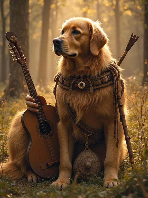 Humanoid shaman golden retriever at a spiritual Indian ritual holds a guitar in a forest setting.