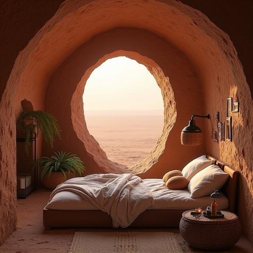 Cozy bedroom located on a planet resembling Jakku from Star Wars. Features a circular window with desert landscape, comfortable bed with soft bedding, and warm, ambient lighting. The interior has earthy tones and minimalistic decor.