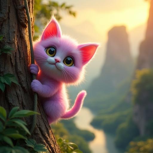 A small brave fluffy kitten with pastel pink and lavender fur climbs a massive jungle tree holding a rope. Determined expression on its face. Background features towering cliffs and a river valley under golden sunrise light.