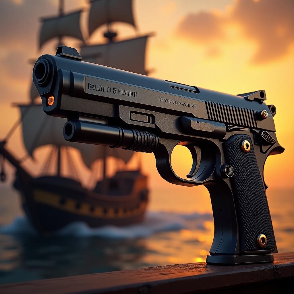 A modernized interpretation of a pirate pistol. The scene includes a detailed pistol in the foreground with a pirate ship in the background against a sunset sky.